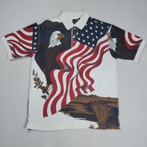 Cotton Traders Polo Shirt Men's Large White All Over Print American Flag
